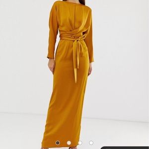 ASOS satin maxi dress with batwing sleeve and wrap waist in mustard. Size 8